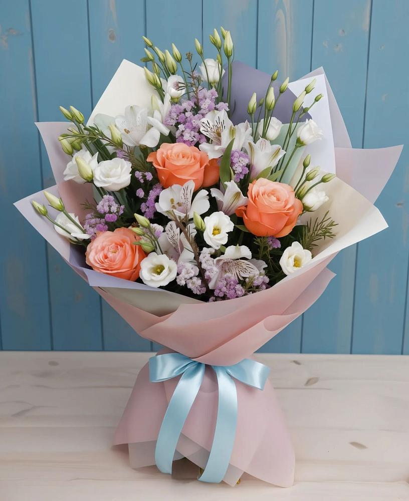 Букет цветов из: Лизиантусы, Розы, Альстромерии и Гипсофила в Горькой Балке