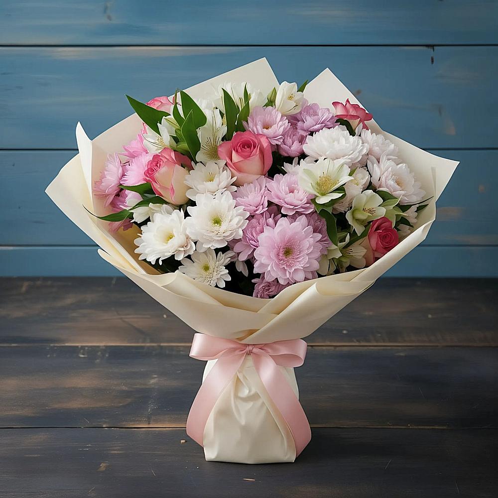 Букет цветов из: Хризантемы, Альстромерии и Розы в Горькой Балке